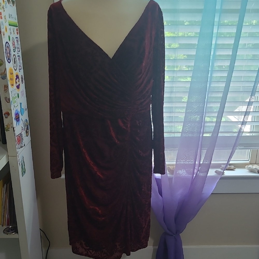 David's Bridal Red Ruched Long Sleeve Sheath Dress
